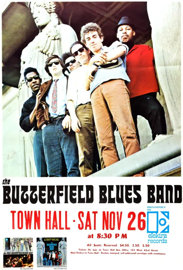 Paul Butterfield Blues Band 1966 Town Hall, New York City Concert Poster featuring white, black, and gray vertical artwork.