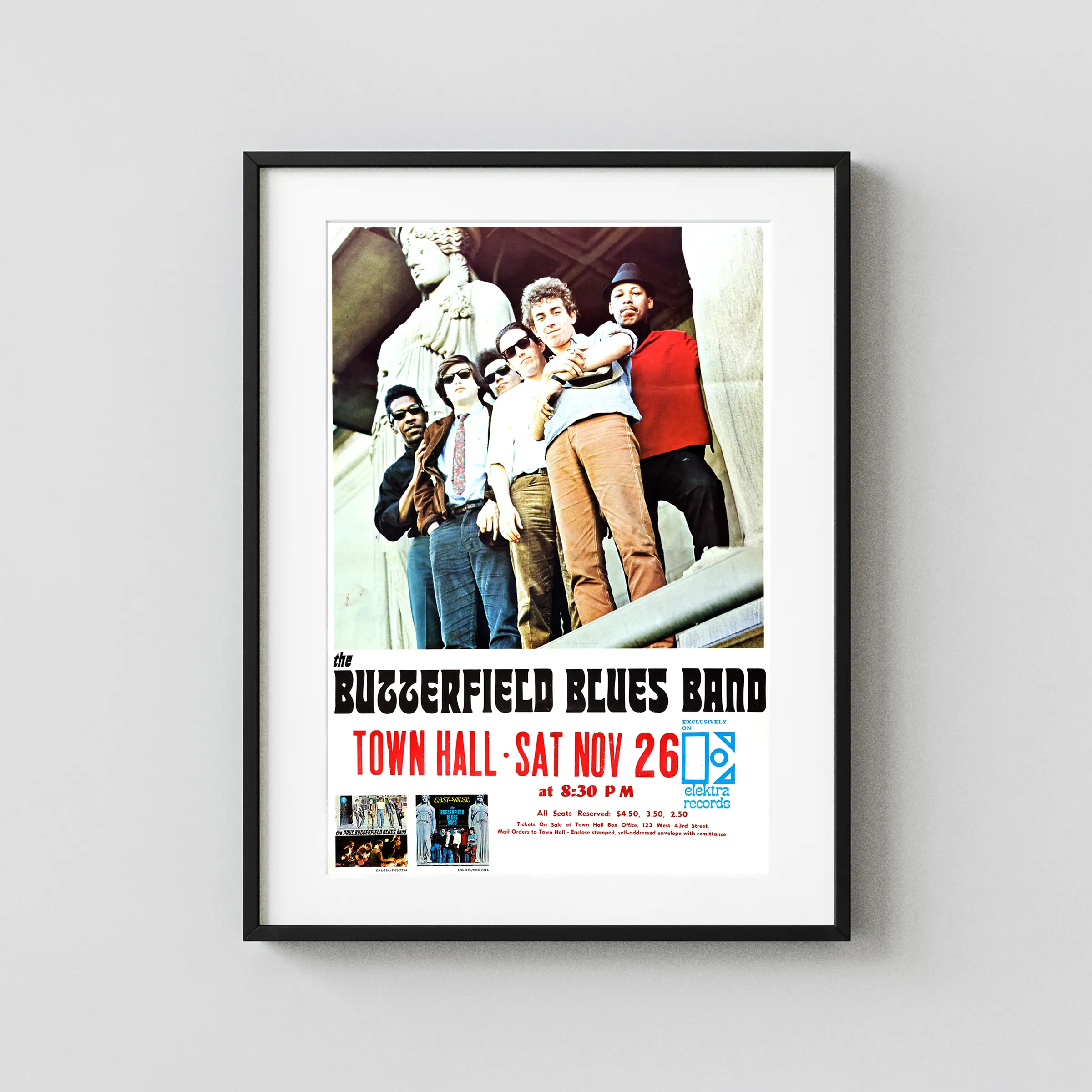 Paul Butterfield Blues Band 1966 Town Hall, New York City Concert Poster featuring white, black, and gray vertical artwork.