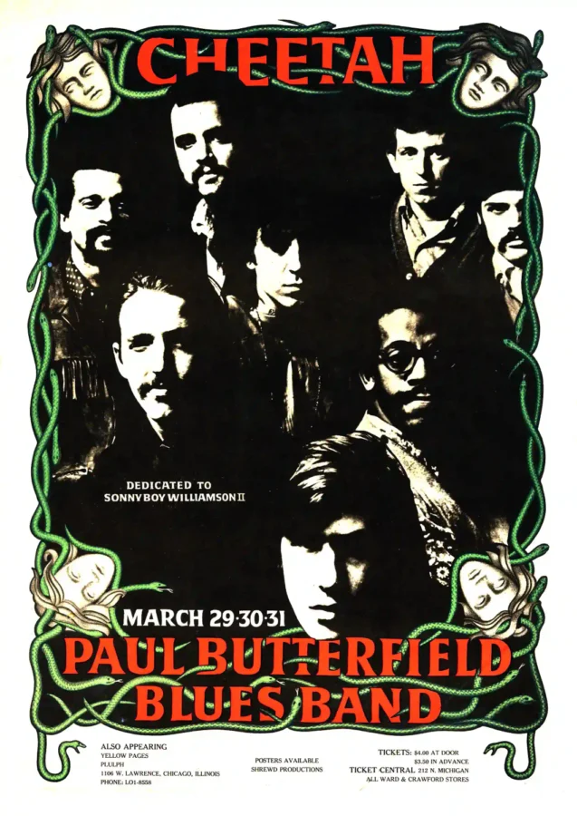 Paul Butterfield Blues Band poster with black, white, and charcoal artwork and period lettering.