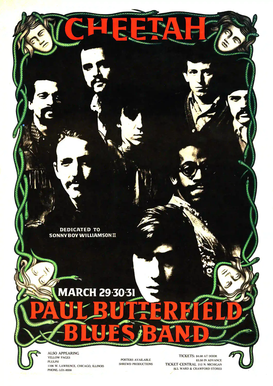 Paul Butterfield Blues Band poster with black, white, and charcoal artwork and period lettering.