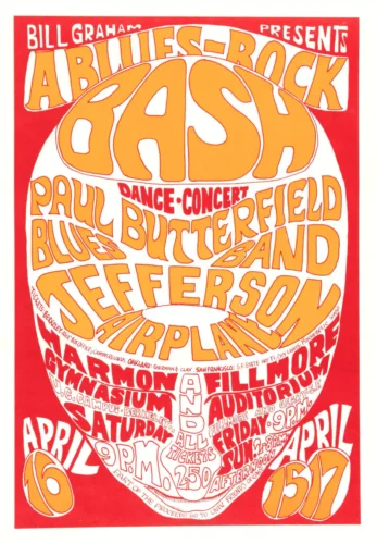 Paul Butterfield, Jefferson Airplane 1966 Fillmore Concert Poster