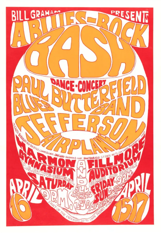 Paul Butterfield, Jefferson Airplane 1966 Fillmore Concert Poster featuring white, orange, and red vertical artwork.