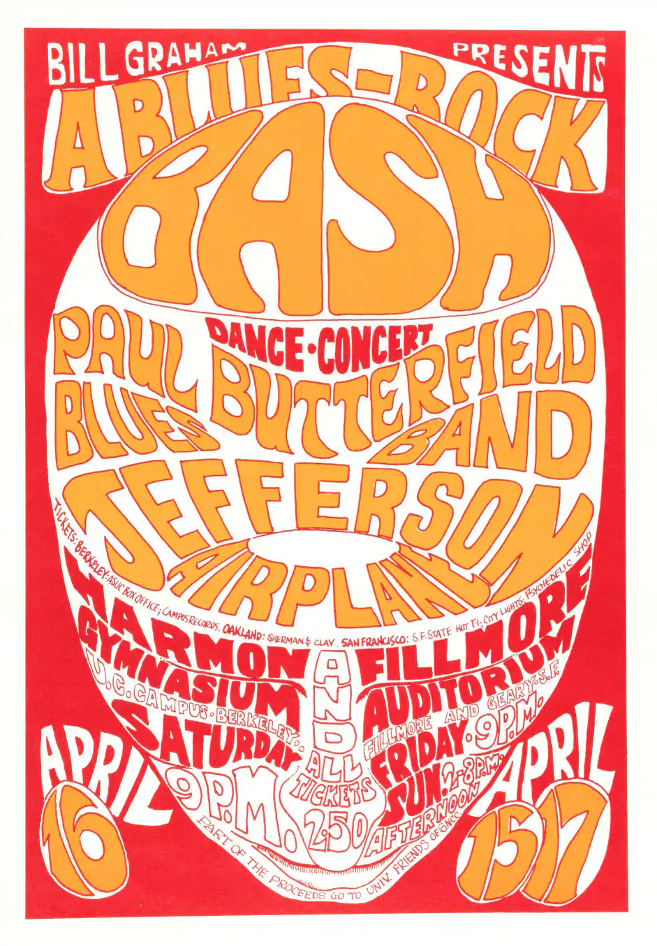 Paul Butterfield, Jefferson Airplane 1966 Fillmore Concert Poster featuring white, orange, and red vertical artwork.
