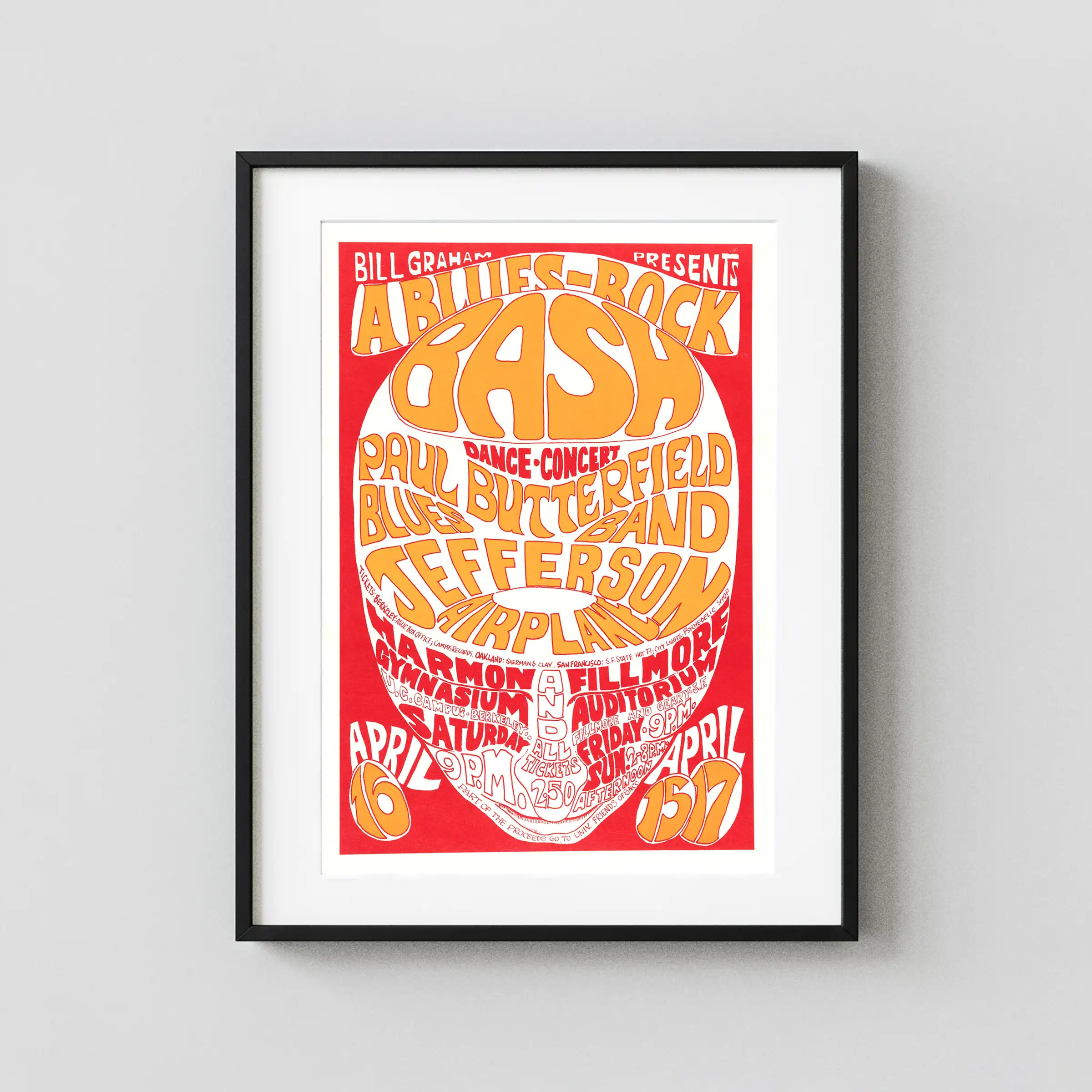 Paul Butterfield, Jefferson Airplane 1966 Fillmore Concert Poster featuring white, orange, and red vertical artwork.