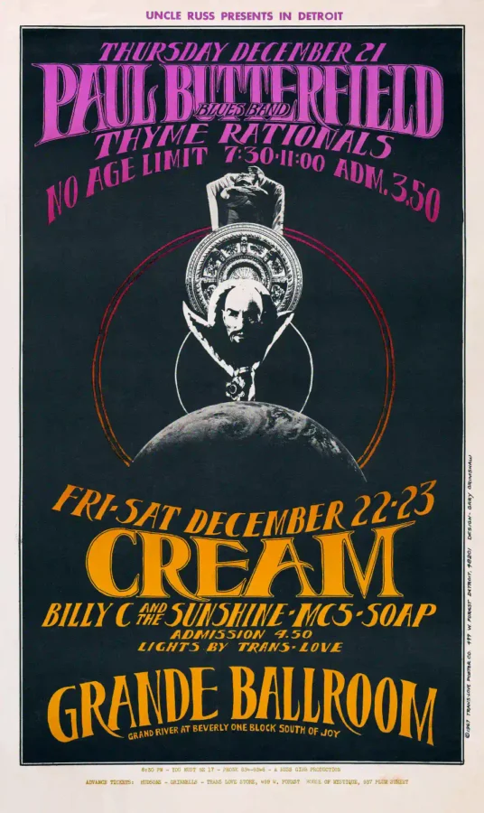 Paul Butterfield, Cream Grande Ballroom Concert poster with black, light gray, and brown artwork and period lettering.