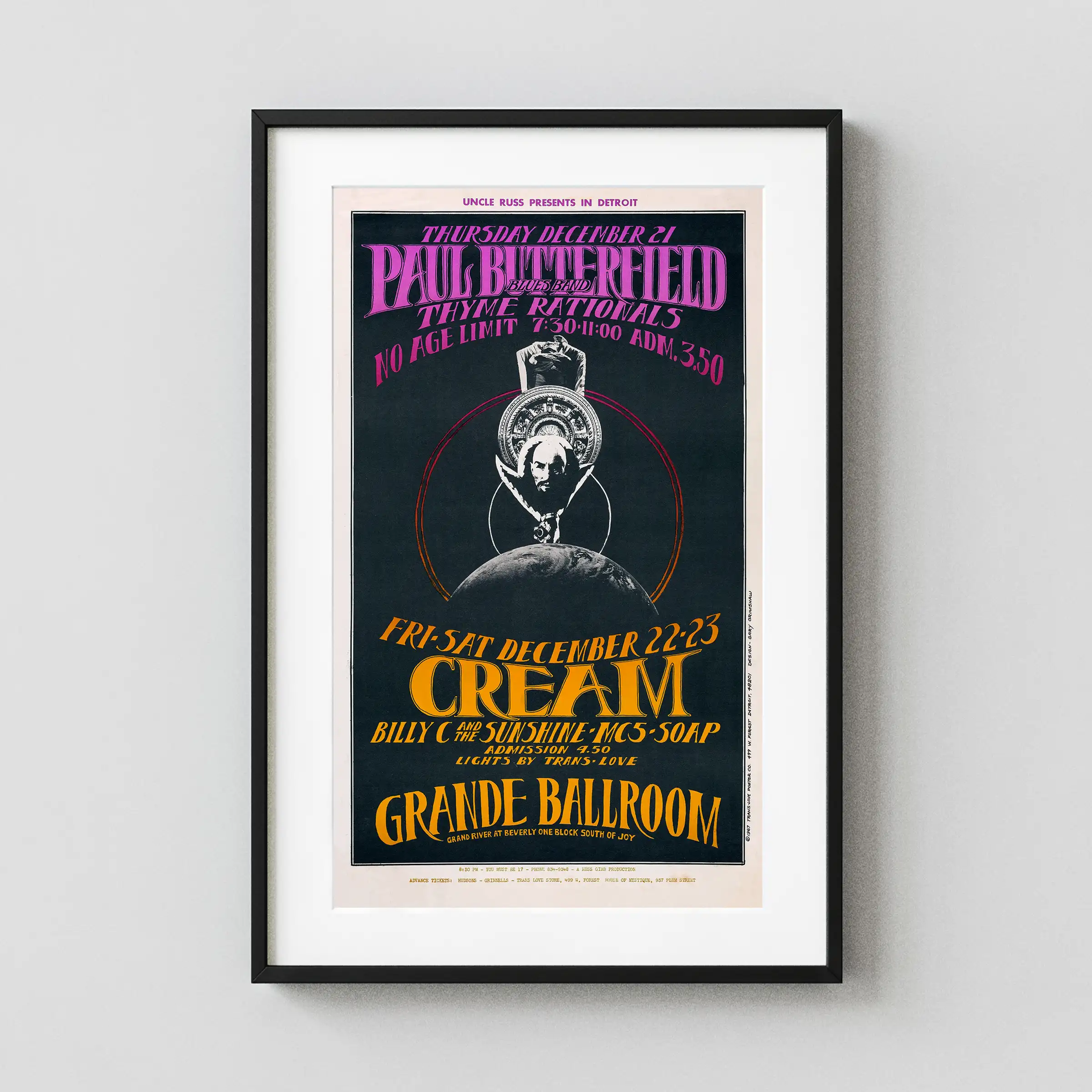 Paul Butterfield, Cream Grande Ballroom Concert poster with black, light gray, and brown artwork and period lettering.