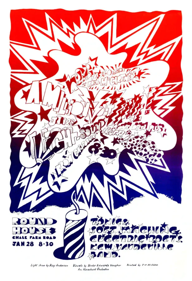 Paul McCartney poster with white, red, and blue artwork and period lettering.