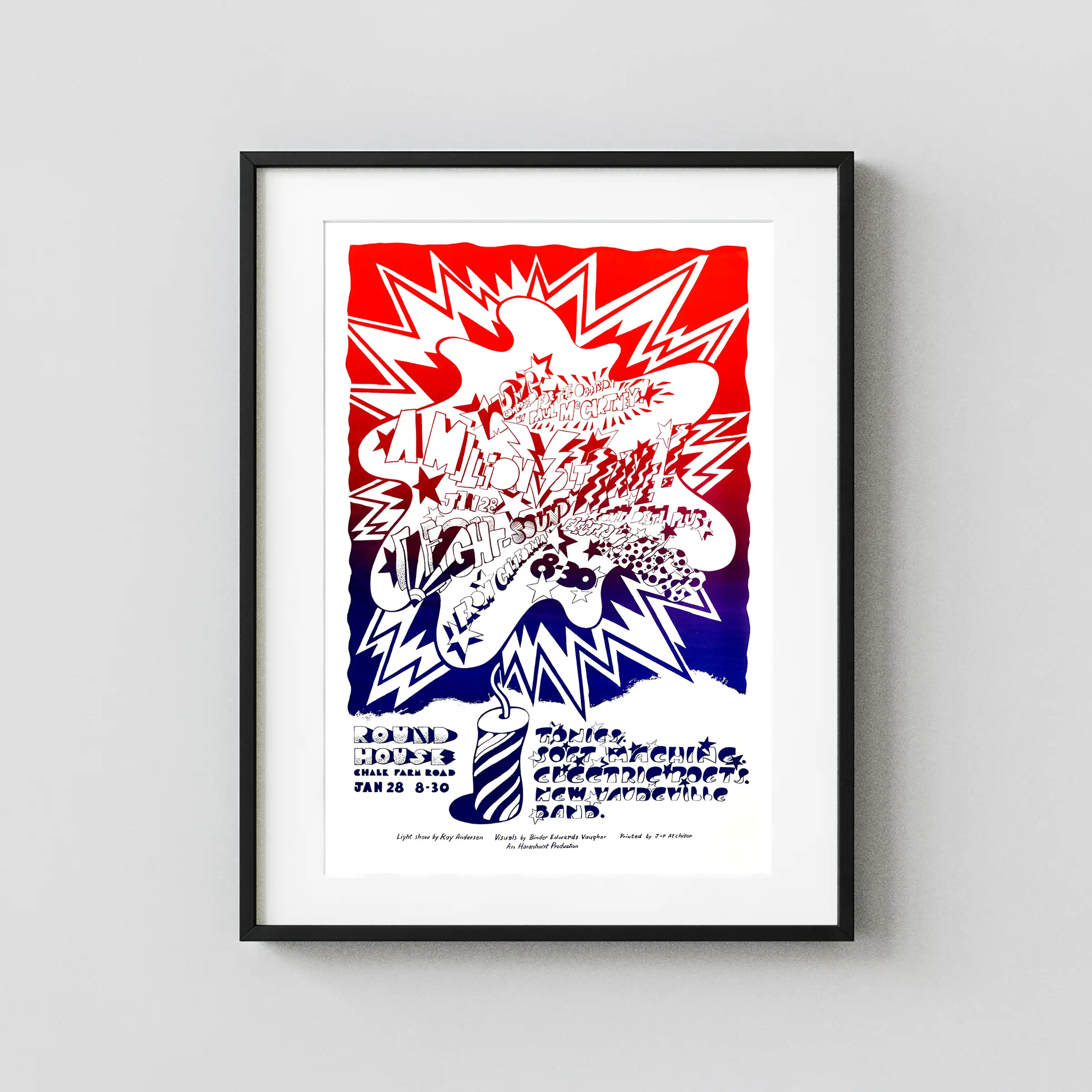 Paul McCartney poster with white, red, and blue artwork and period lettering.