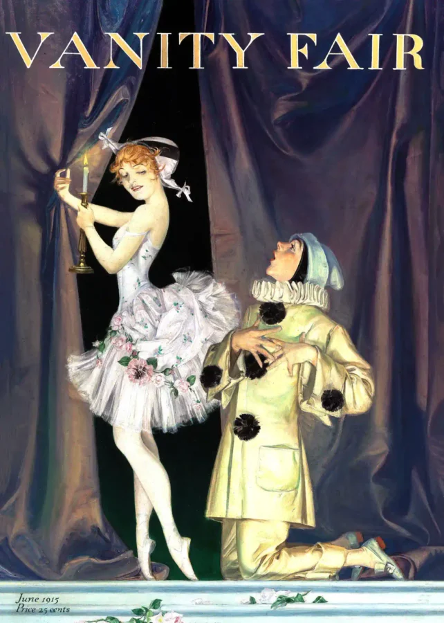 Pierrot and Columbine, Vanity Fair Magazine poster with charcoal, white, and slate gray artwork and period lettering.