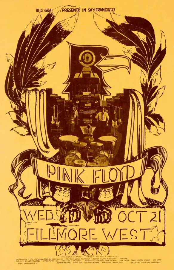 Pink Floyd 1970 Fillmore West Concert Poster featuring yellow, brown, and orange vertical artwork.