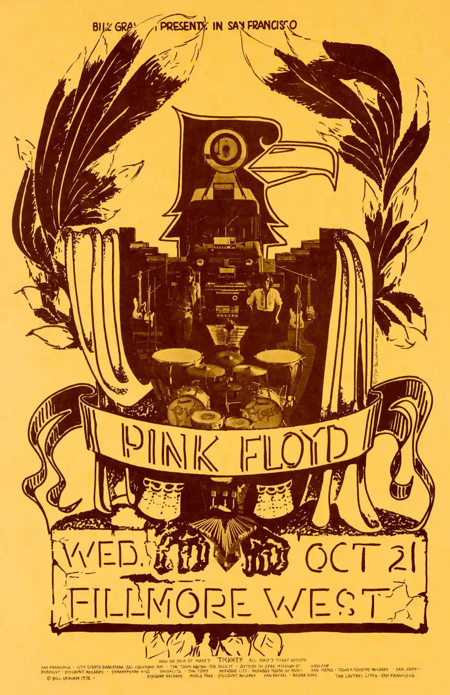 Pink Floyd 1970 Fillmore West Concert Poster featuring yellow, brown, and orange vertical artwork.