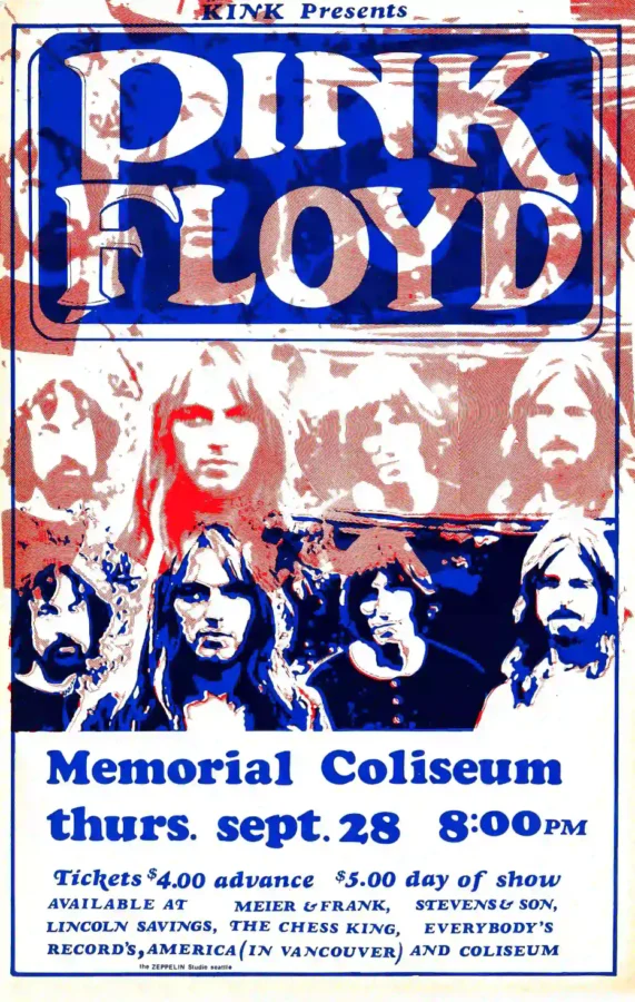 Pink Floyd 1972 Portland, OR Concert Poster featuring white, blue, and rose vertical artwork.