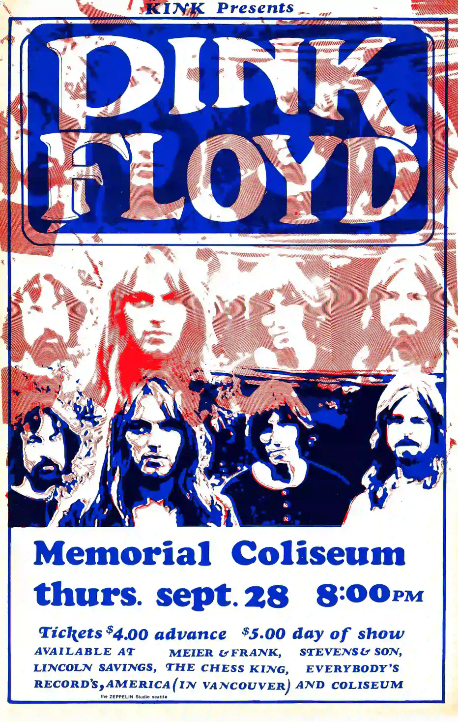 Pink Floyd 1972 Portland, OR Concert Poster featuring white, blue, and rose vertical artwork.