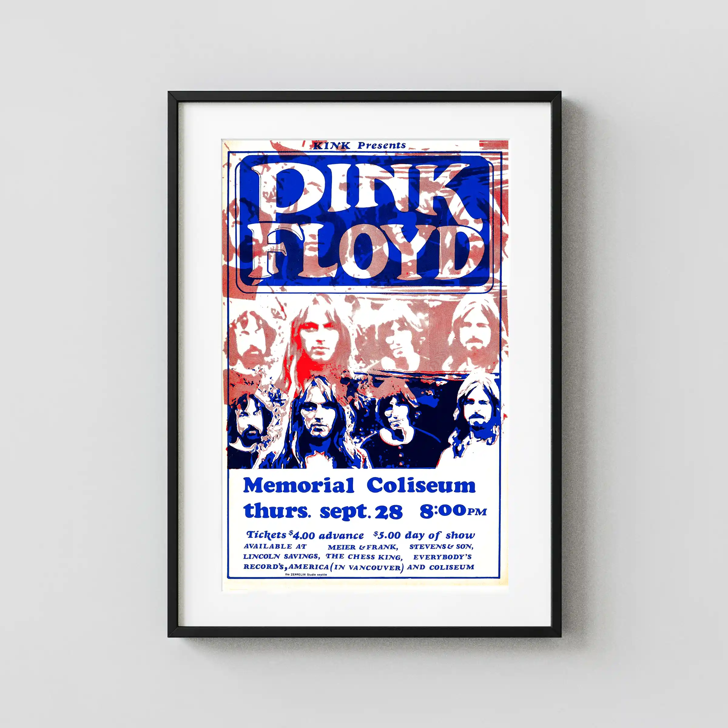 Pink Floyd 1972 Portland, OR Concert Poster featuring white, blue, and rose vertical artwork.
