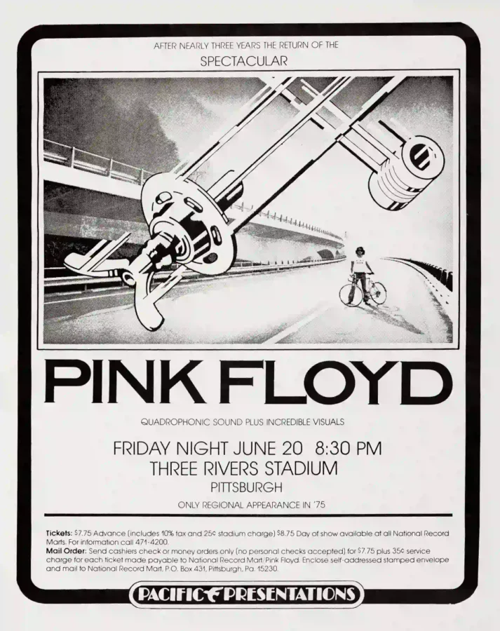 Pink Floyd poster with light gray, gray, and charcoal artwork and period lettering.