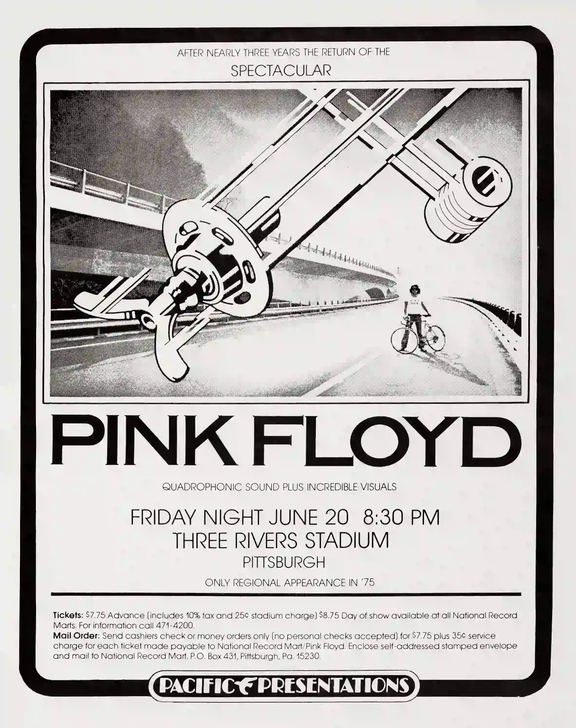Pink Floyd poster with light gray, gray, and charcoal artwork and period lettering.