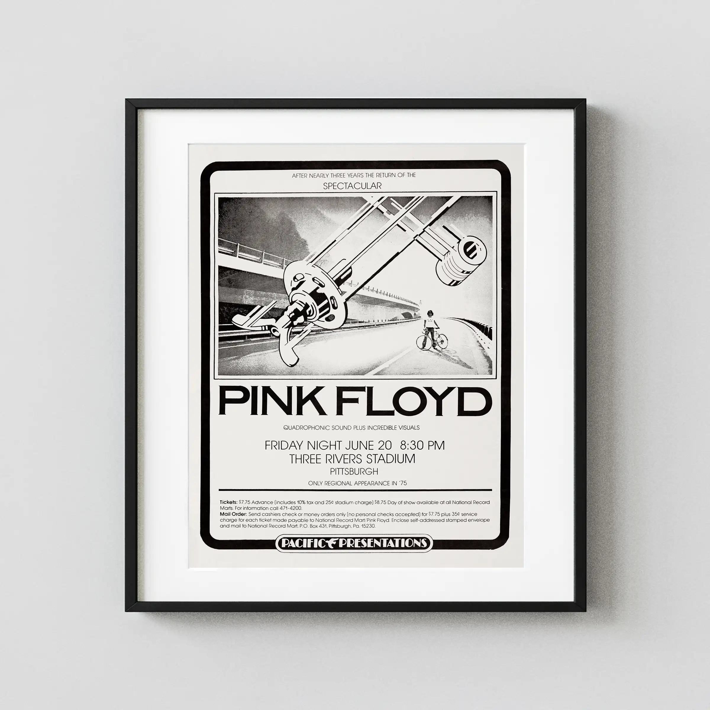 Pink Floyd poster with light gray, gray, and charcoal artwork and period lettering.