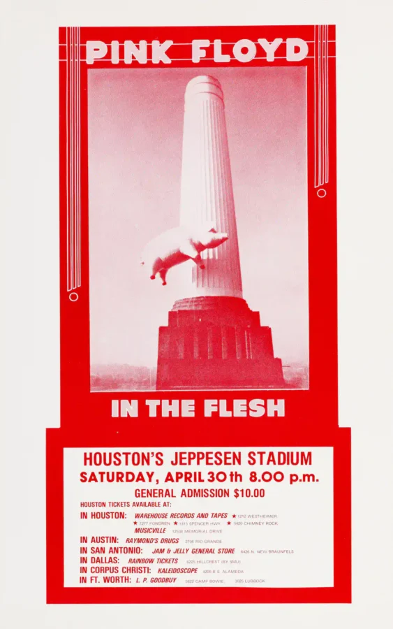 Pink Floyd poster with light gray, rose, and red artwork and period lettering.