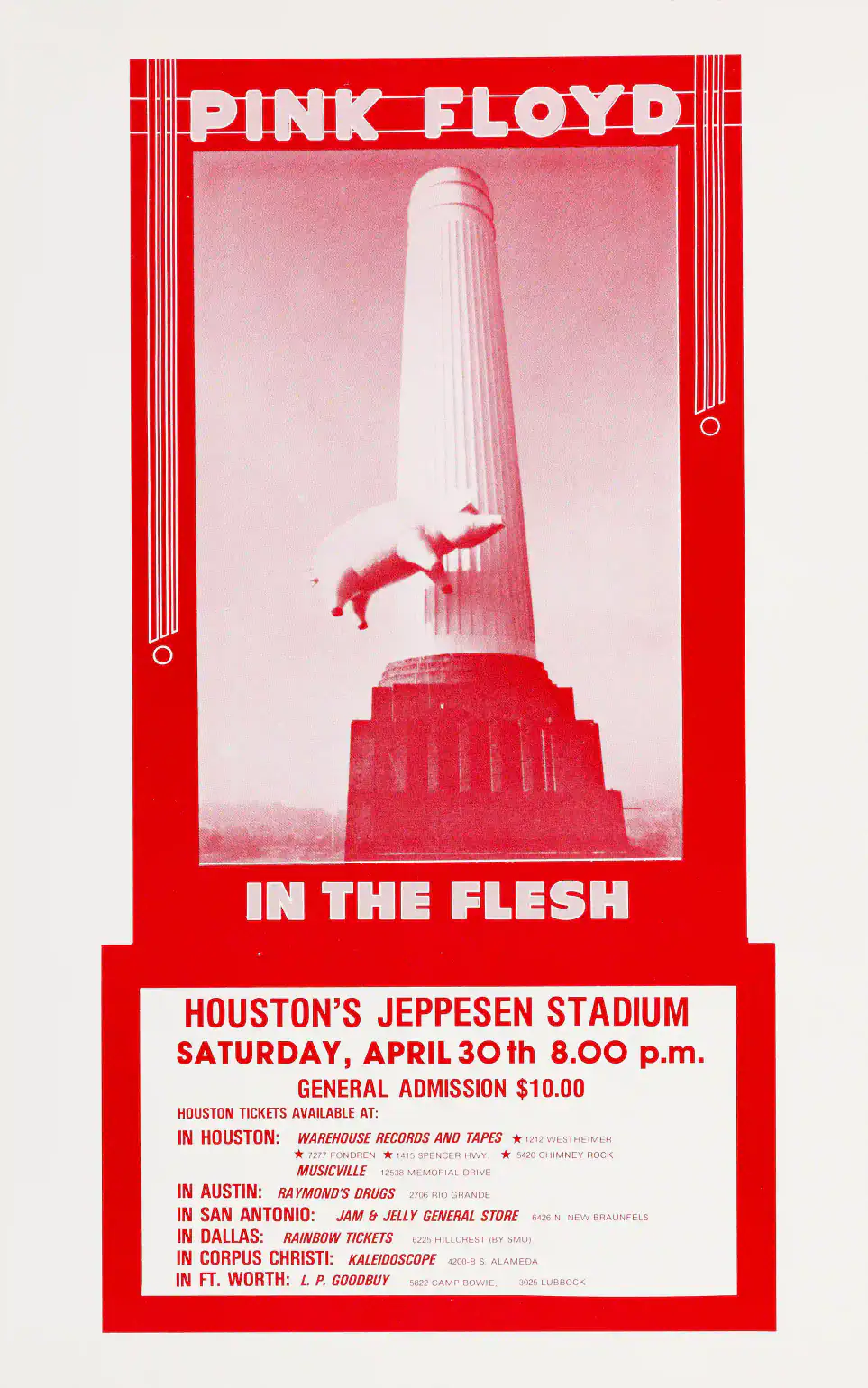 Pink Floyd poster with light gray, rose, and red artwork and period lettering.