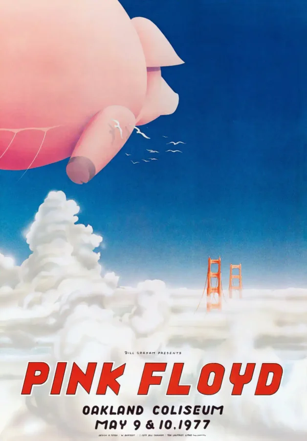 Pink Floyd 1977 Oakland, CA Concert Poster featuring light gray, navy, and rose vertical artwork.