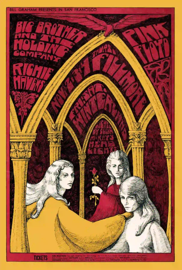 Pink Floyd , Janis Joplin poster with burgundy, yellow, and red artwork and period lettering.