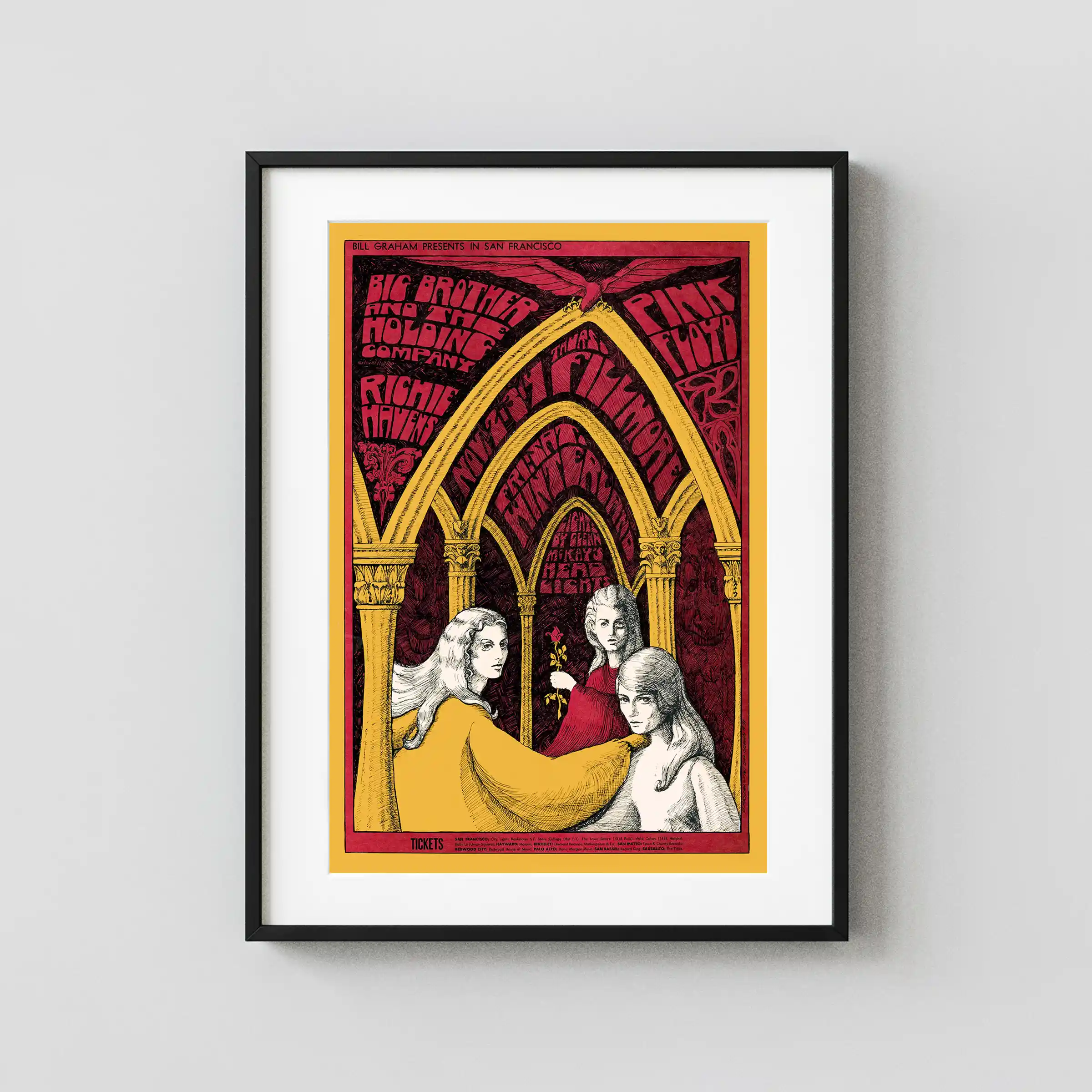 Pink Floyd , Janis Joplin poster with burgundy, yellow, and red artwork and period lettering.