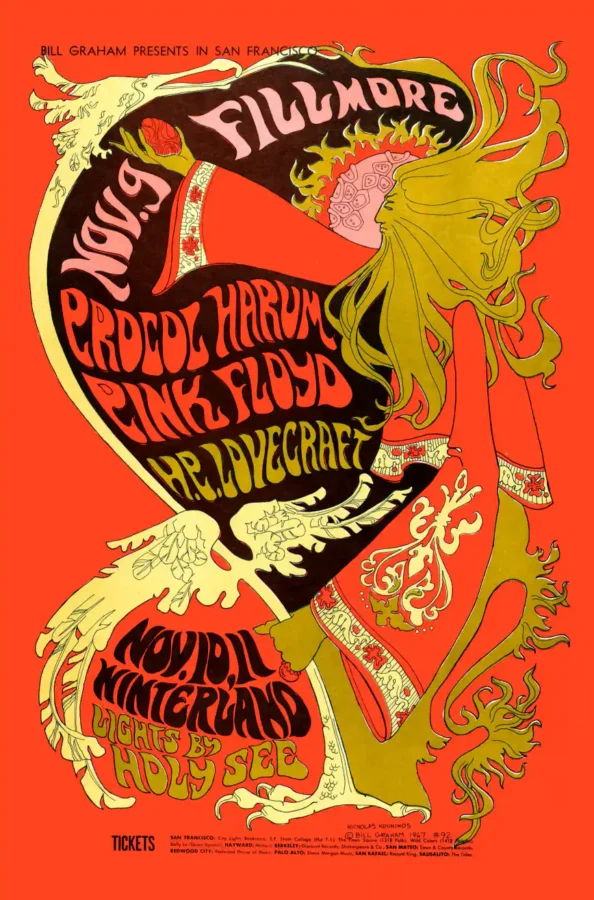 Pink Floyd, Procol Harum 1967 Fillmore, Winterland Concert Poster featuring red, white, and yellow vertical artwork.