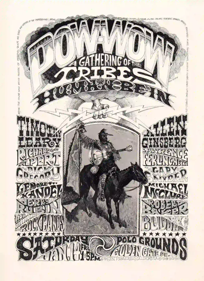 Pow-Wow- a Gathering of the Tribes 1967 Human Be-In Event Poster featuring cream, gray, and slate gray vertical artwork.