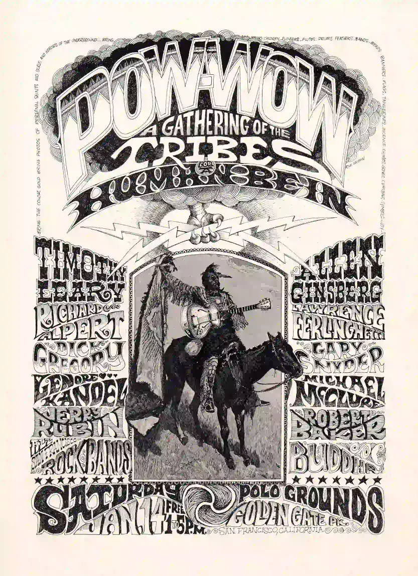 Pow-Wow- a Gathering of the Tribes 1967 Human Be-In Event Poster featuring cream, gray, and slate gray vertical artwork.