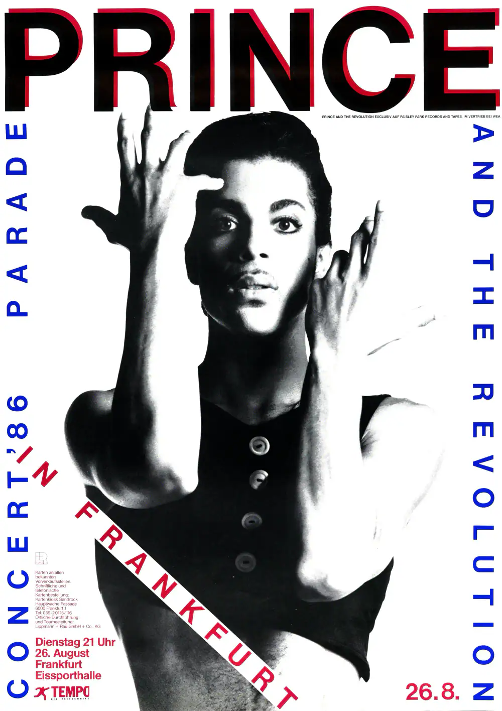 Prince & the Revolution 1986 Parade Era Frankfurt, Germany Concert Poster featuring white, black, and gray vertical artwork.