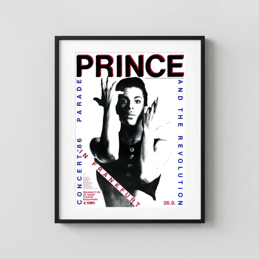 Prince & the Revolution 1986 Parade Era Frankfurt, Germany Concert Poster featuring white, black, and gray vertical artwork.