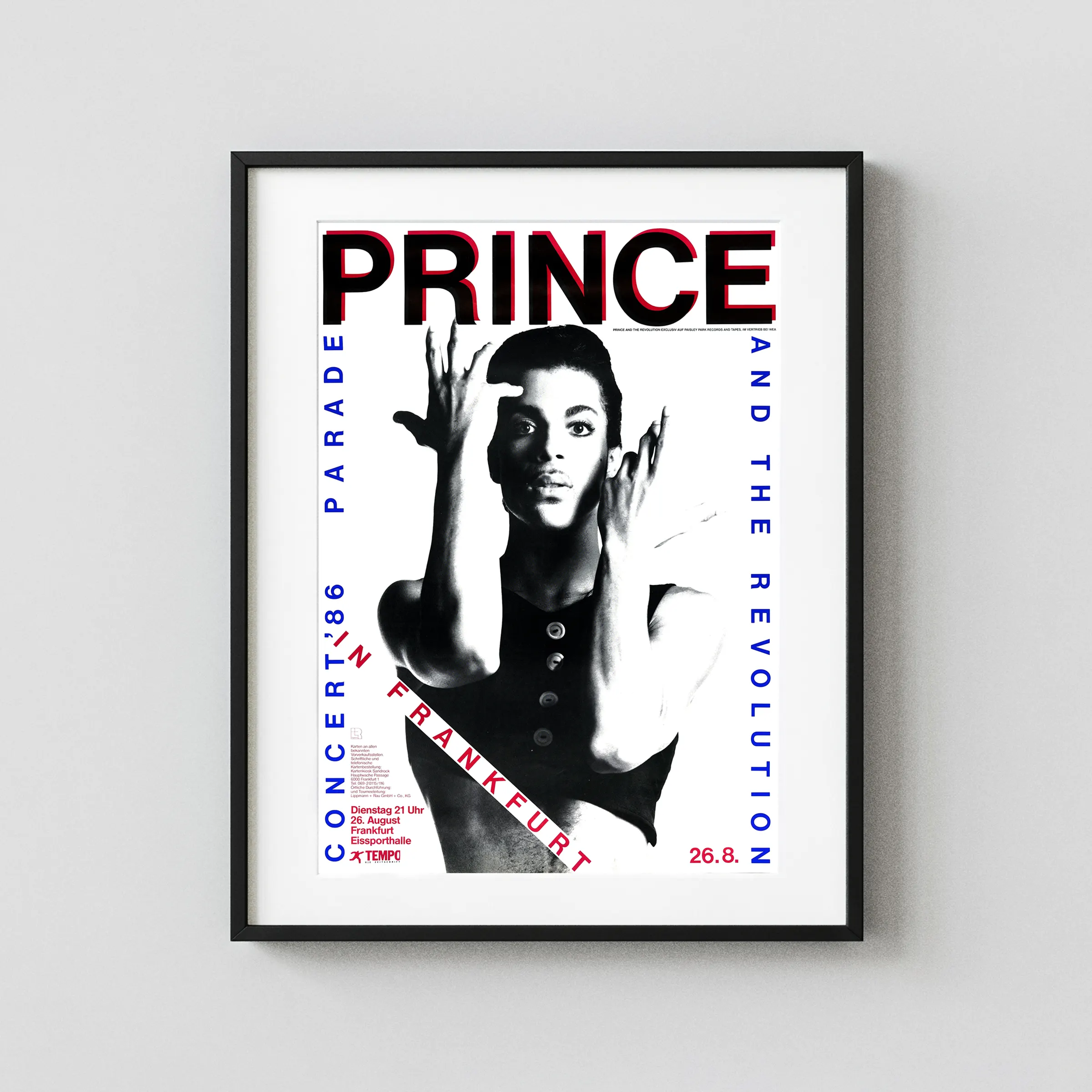 Prince & the Revolution 1986 Parade Era Frankfurt, Germany Concert Poster featuring white, black, and gray vertical artwork.