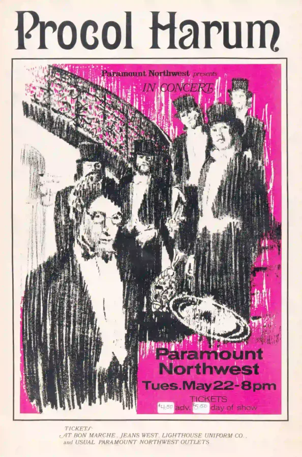 Procol Harum 1973 Seattle, WA Concert Poster featuring rose, slate gray, and gray vertical artwork.