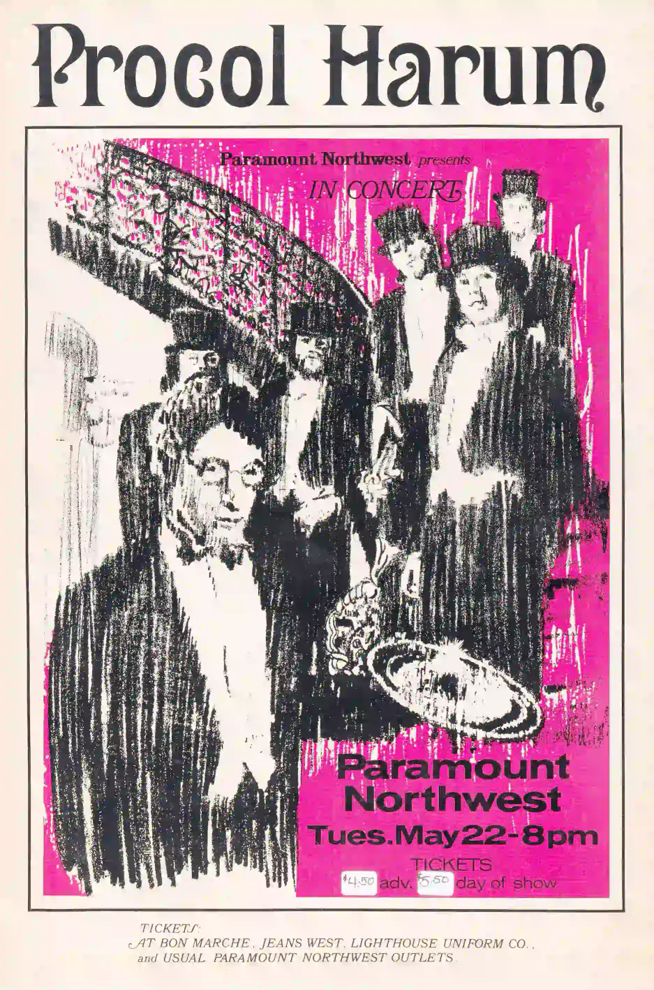 Procol Harum 1973 Seattle, WA Concert Poster featuring rose, slate gray, and gray vertical artwork.