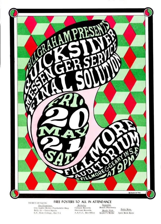 Quicksilver Messenger Service poster with white, slate gray, and light gray artwork and period lettering.