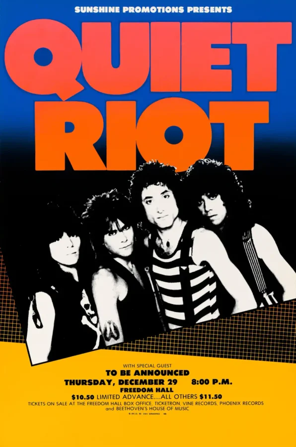 Quiet Riot 1983 Louisville, KY Concert Poster featuring black, yellow, and red vertical artwork.
