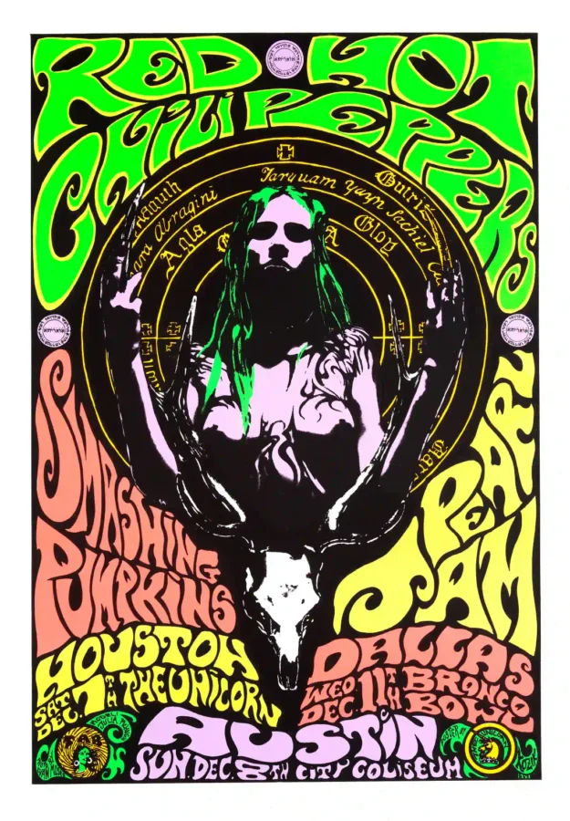 Red Hot Chili Peppers, Pearl Jam, Smashing Pumpkins 1991 Music Poster featuring white, black, and brown vertical artwork.