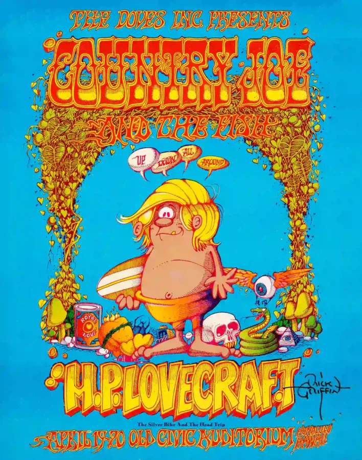 Rick Griffin- 1968 "Murphy"-Themed Country Joe & the Fish Concert Poster featuring teal, white, and yellow vertical artwork.