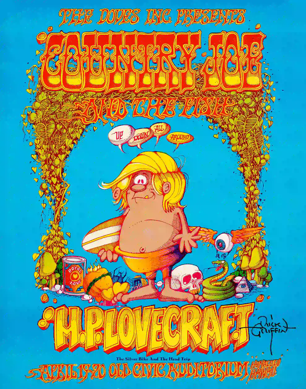 Rick Griffin- 1968 "Murphy"-Themed Country Joe & the Fish Concert Poster featuring teal, white, and yellow vertical artwork.