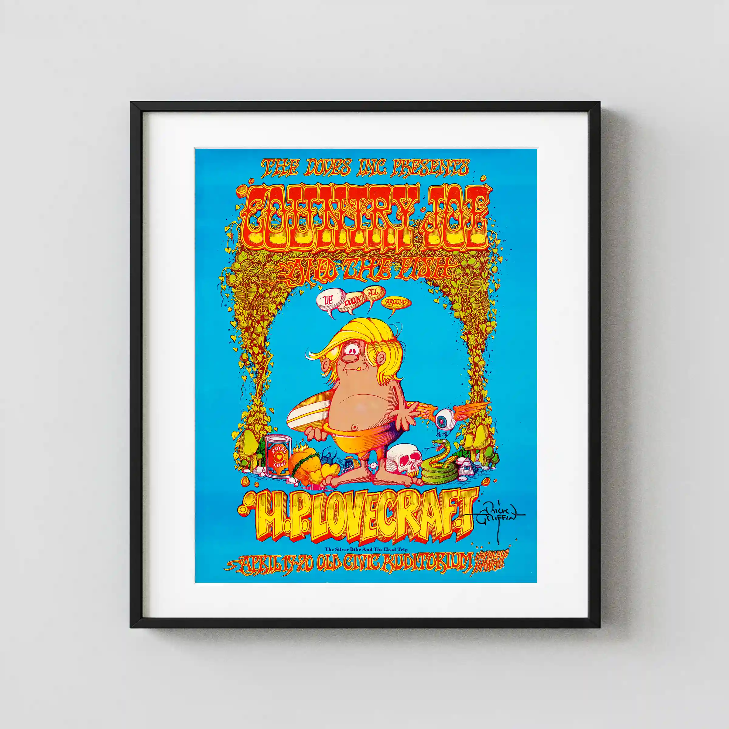 Rick Griffin- 1968 "Murphy"-Themed Country Joe & the Fish Concert Poster featuring teal, white, and yellow vertical artwork.