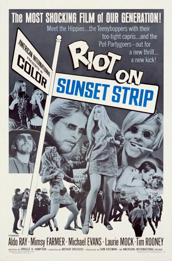 Riot on Sunset Strip poster with light gray, slate gray, and gray artwork and period lettering.