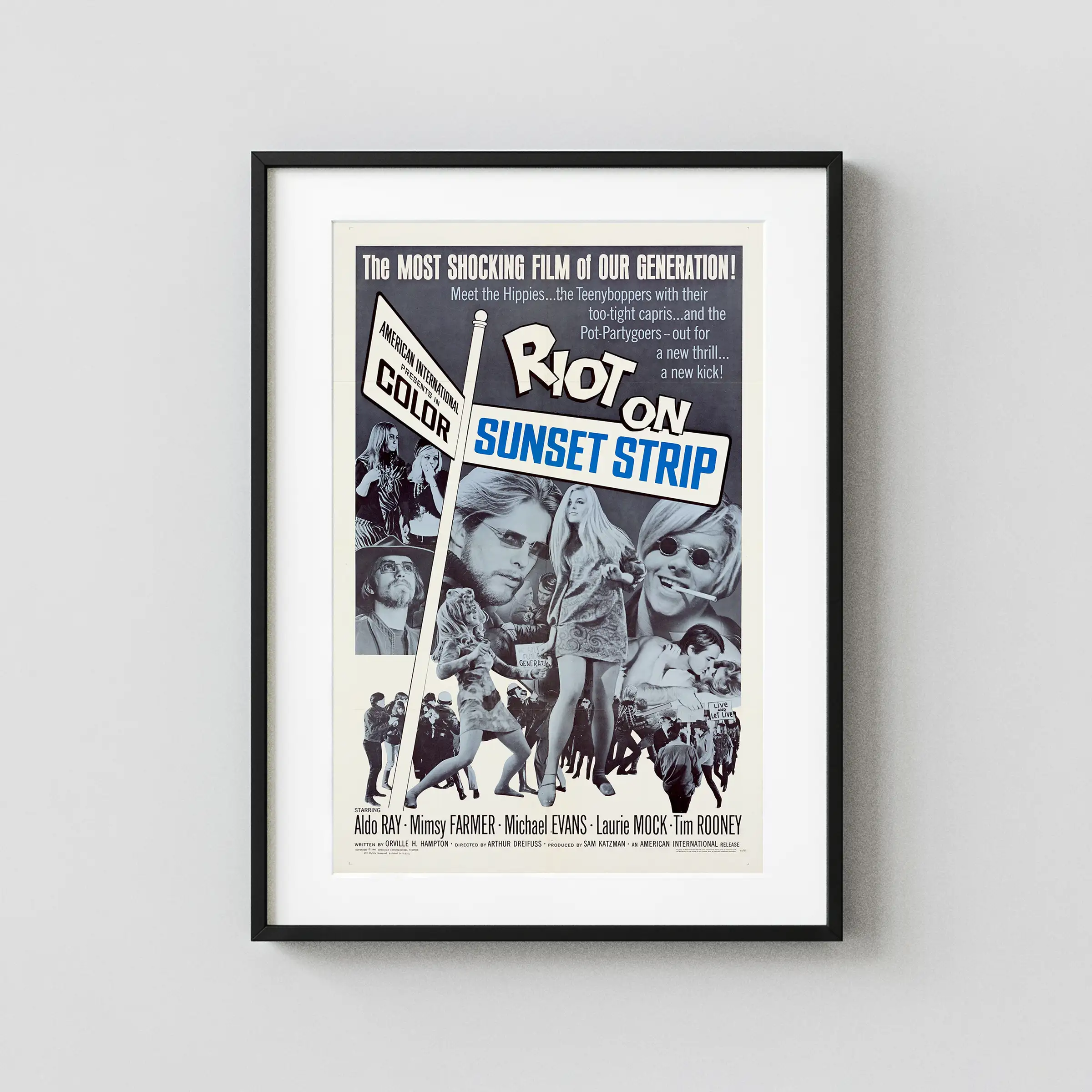 Riot on Sunset Strip poster with light gray, slate gray, and gray artwork and period lettering.