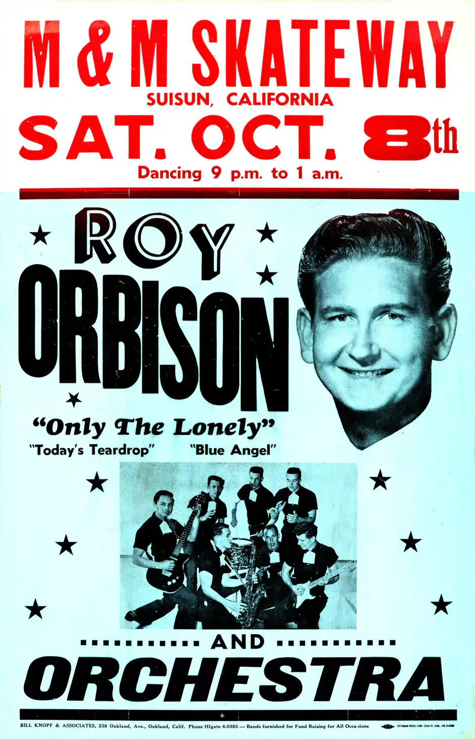 Roy Orbison 1960 California Roller Rink Concert Poster featuring teal and black vertical artwork.