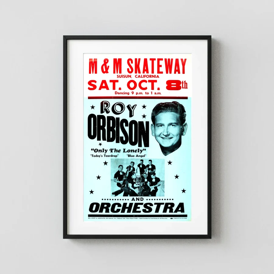 Roy Orbison 1960 California Roller Rink Concert Poster featuring teal and black vertical artwork.
