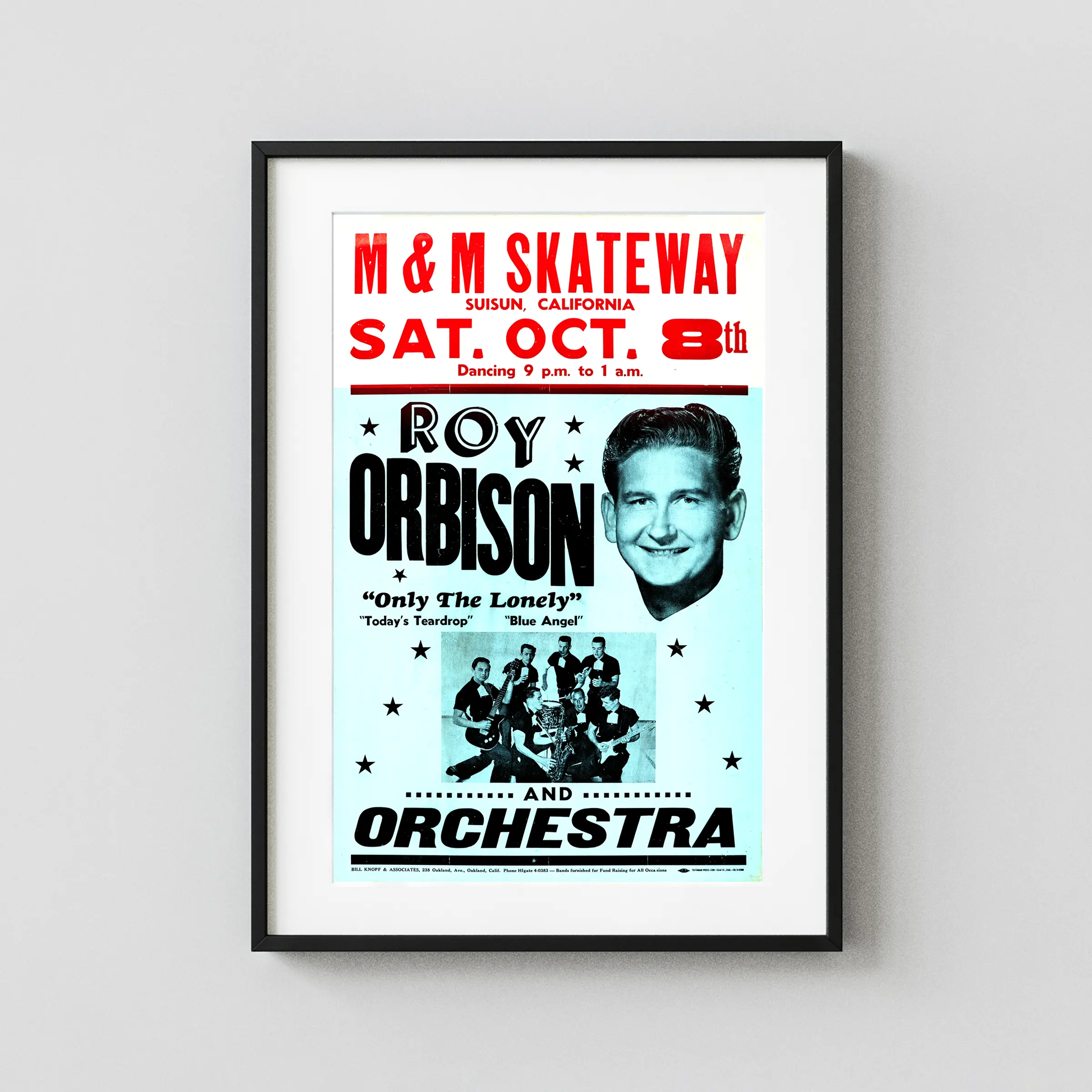 Roy Orbison 1960 California Roller Rink Concert Poster featuring teal and black vertical artwork.