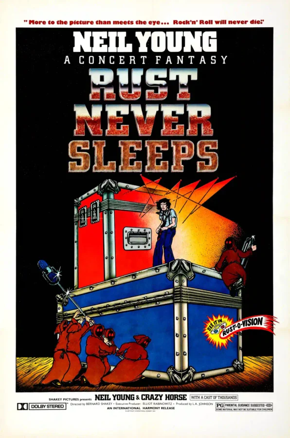 Rust Never Sleeps 1979 Music Poster featuring black, white, and charcoal vertical artwork.