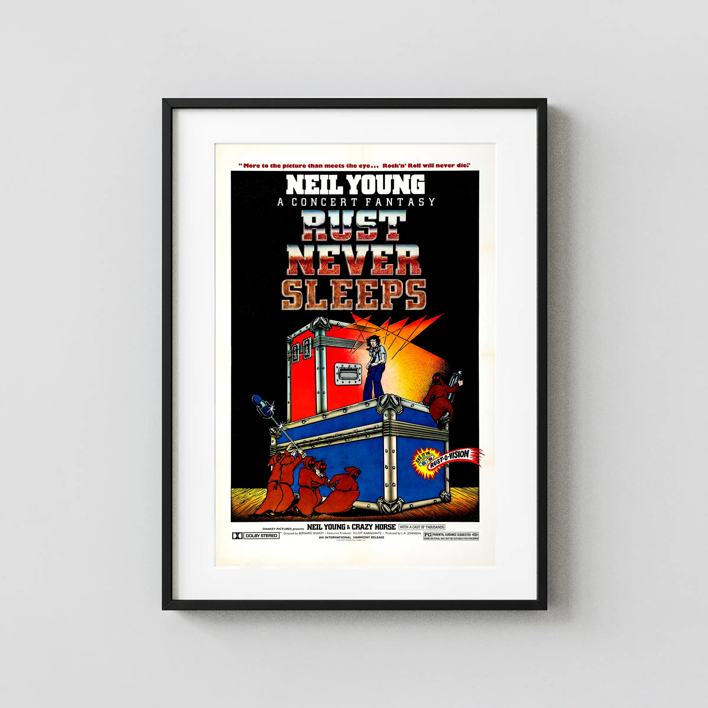 Rust Never Sleeps 1979 Music Poster featuring black, white, and charcoal vertical artwork.