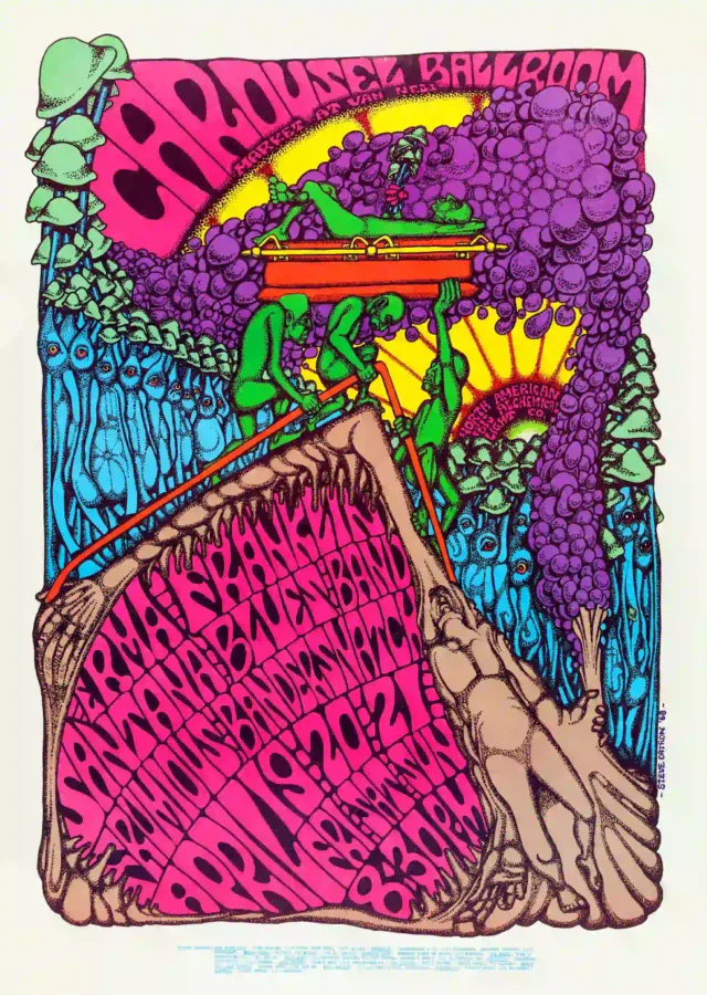 Santana 1968 Carousel Ballroom San Francisco Concert Poster featuring white, magenta, and red vertical artwork.