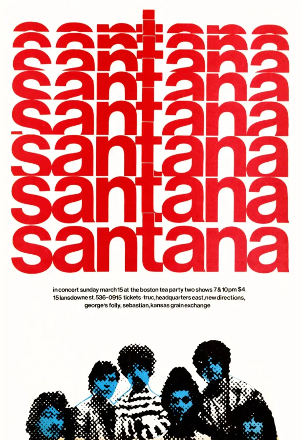 Santana 1970 Boston Tea Party Concert Poster featuring white, red, and rose vertical artwork.