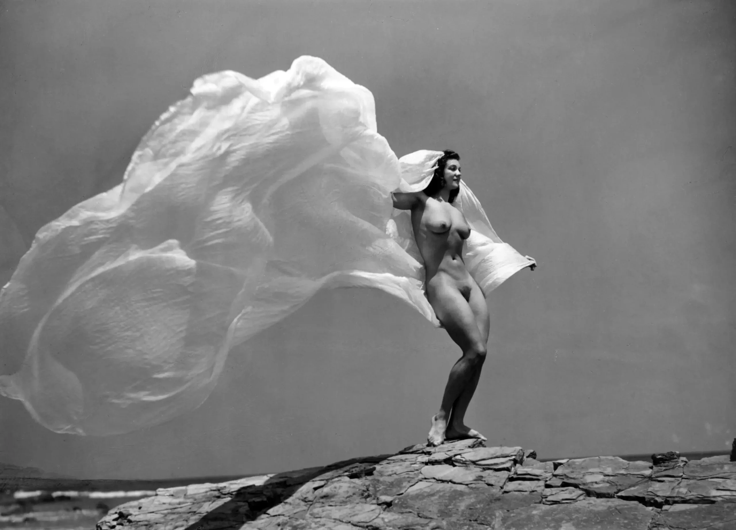 Sea Breeze with Billowing Fabric 1941 Nude Photography Print